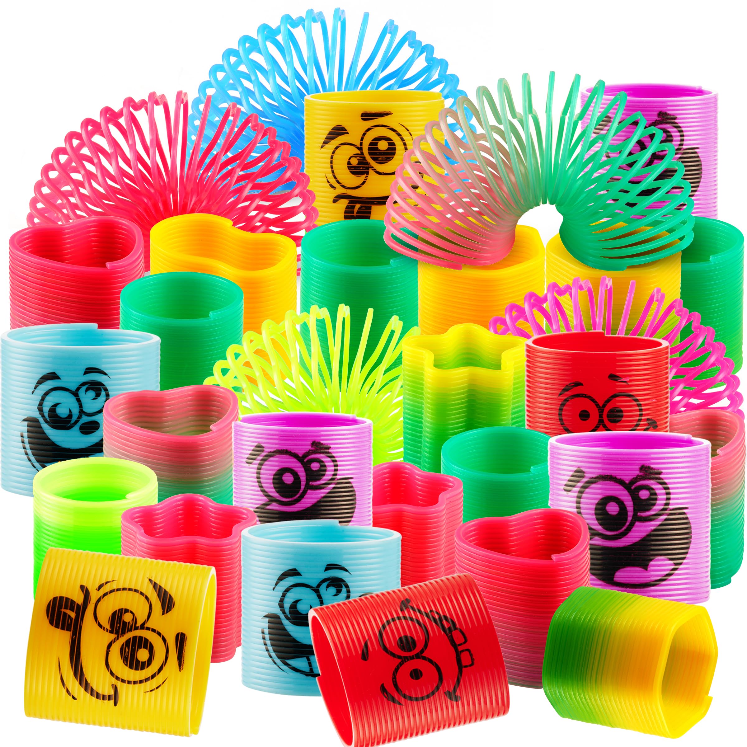 100 Pcs Mini Coil Spring Toy Party Favor - Bulk Assorted Silly Faces and Rainbow Colors, Fidget Toys, Birthday Goody Bag Filler, Prizes, Treasure Box Toys for Classroom and Halloween Treats for Kids